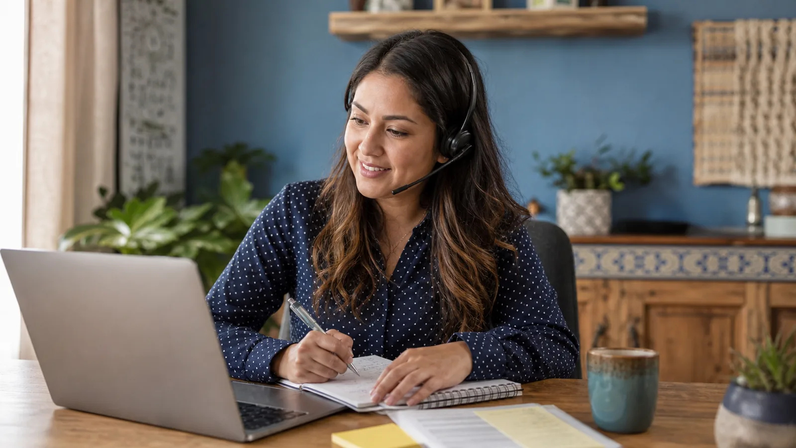 A bilingual remote professional handling a customer conversation from an authentic home office