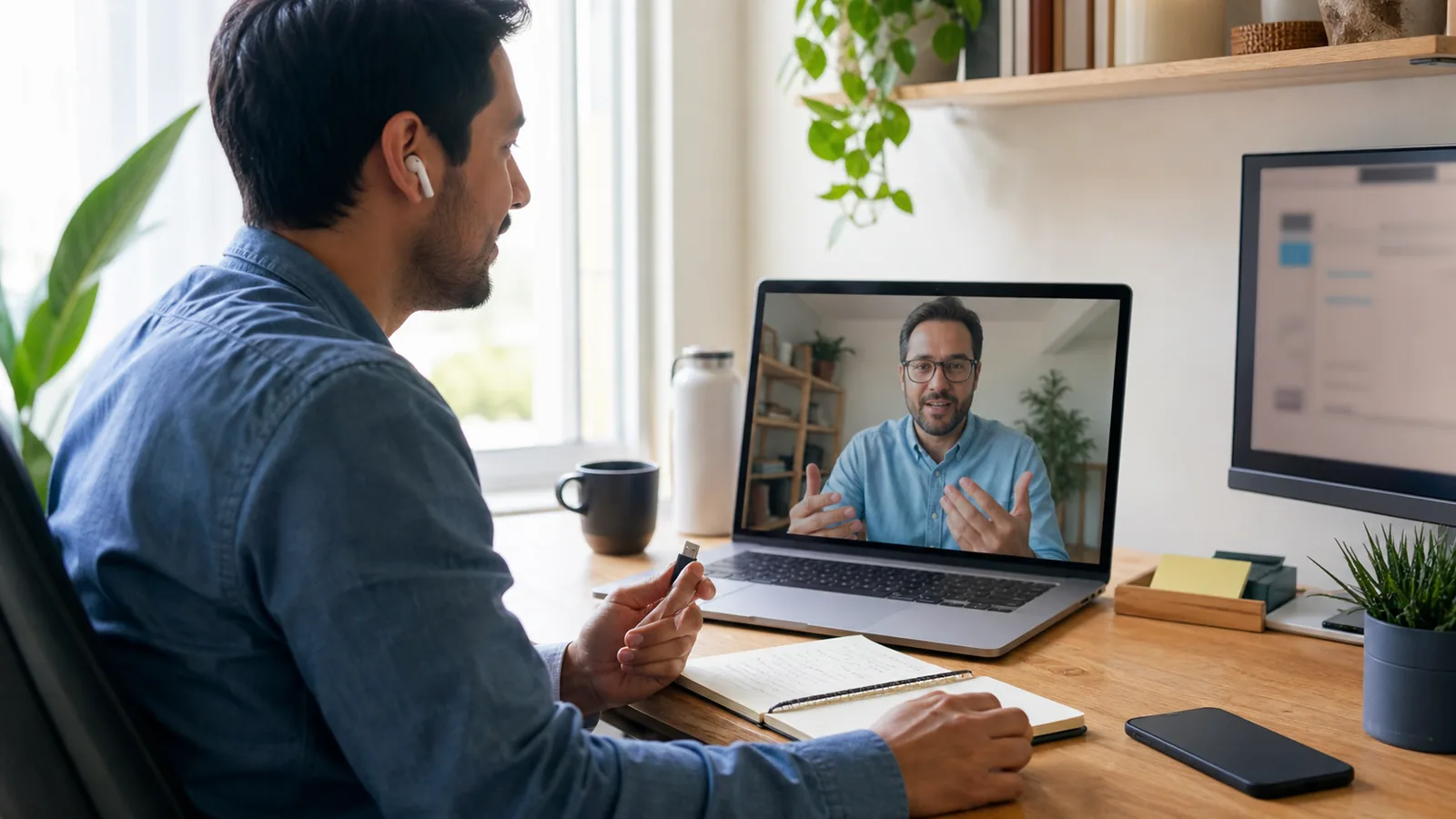 A new remote teammate completing a structured first-day setup with a manager