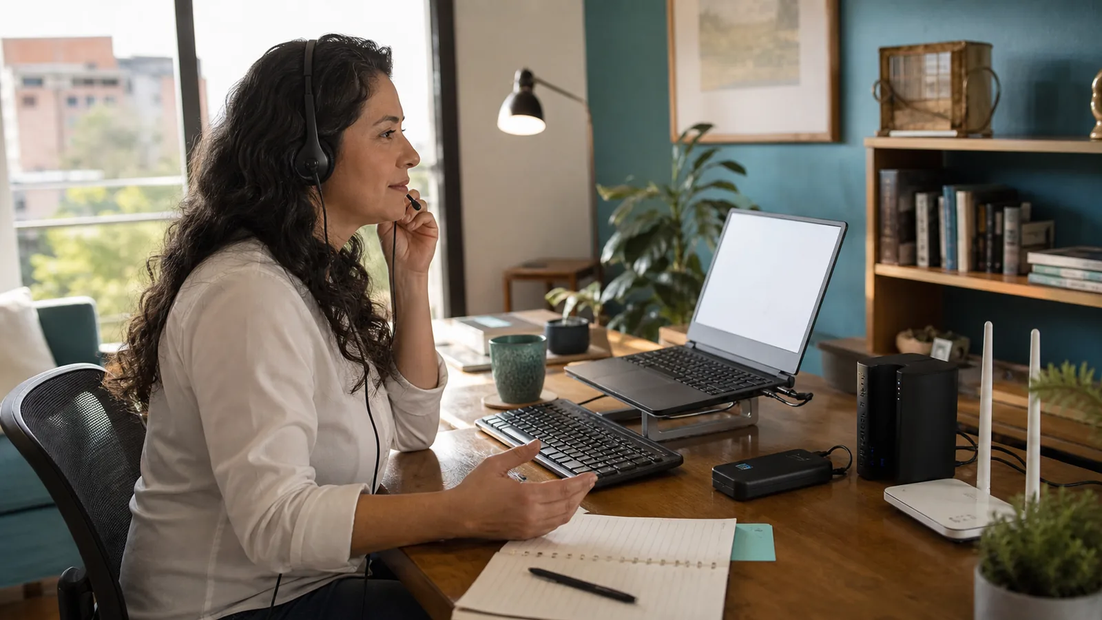 A candidate checking an authentic home office for remote-work readiness